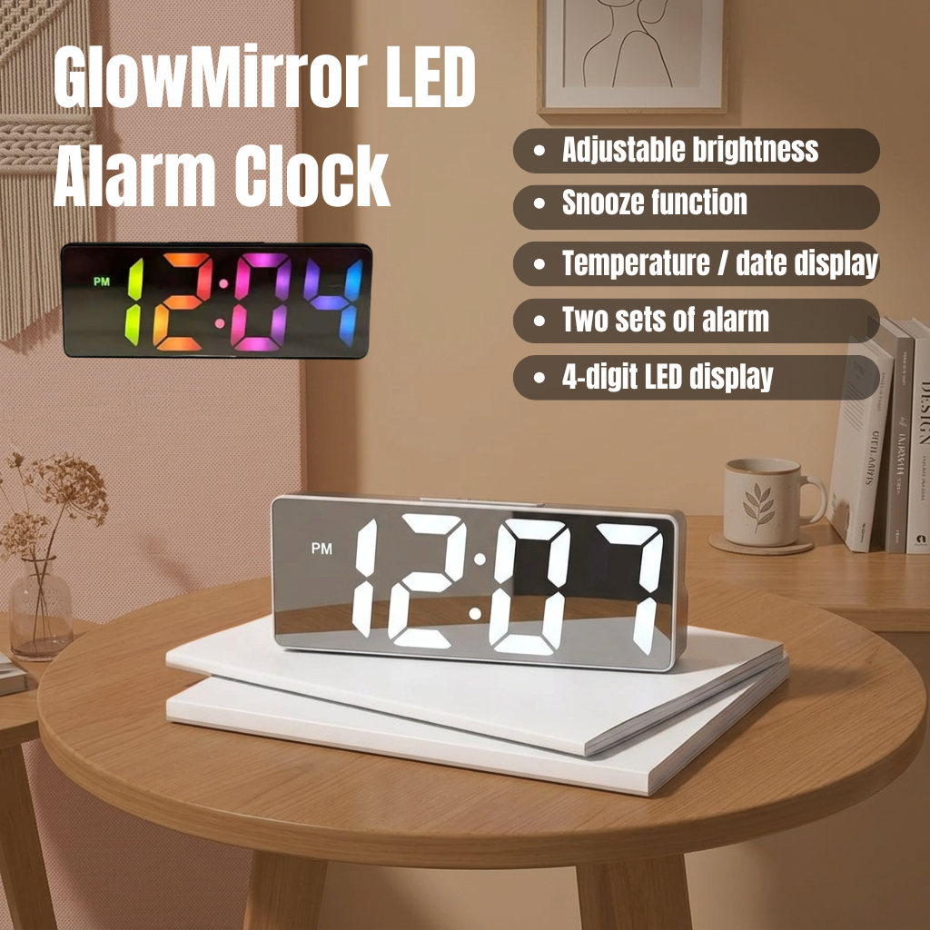 GlowMirror LED Alarm Clock — Auto-Dimming Mirror Display