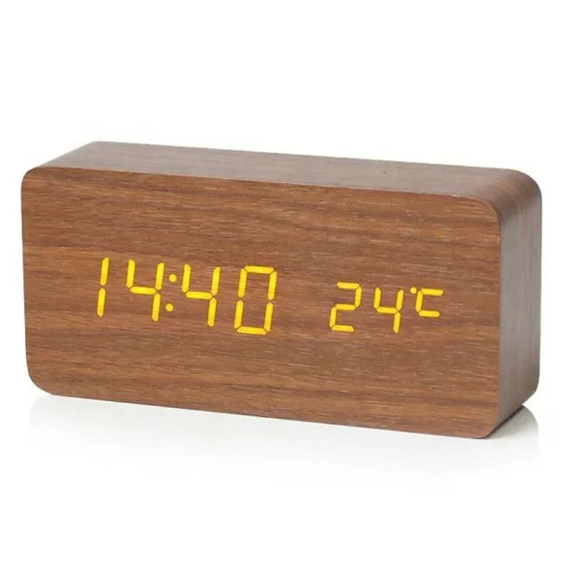 Vintage Wooden LED Alarm Clock — Retro Style with Temperature Display