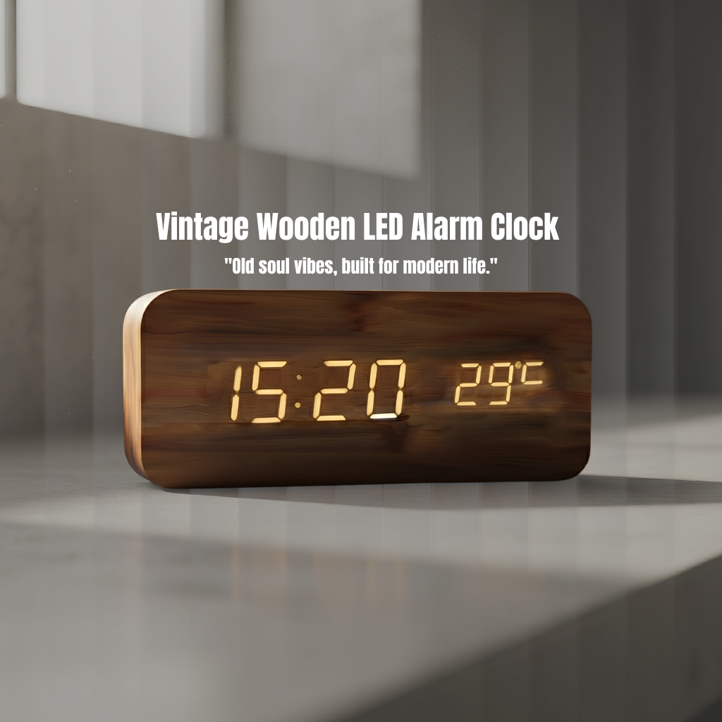 Vintage Wooden LED Alarm Clock — Retro Style with Temperature Display
