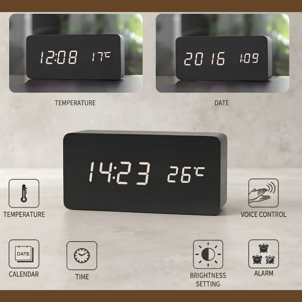 Vintage Wooden LED Alarm Clock — Retro Style with Temperature Display