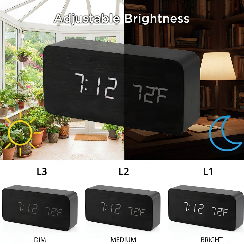 Vintage Wooden LED Alarm Clock — Retro Style with Temperature Display