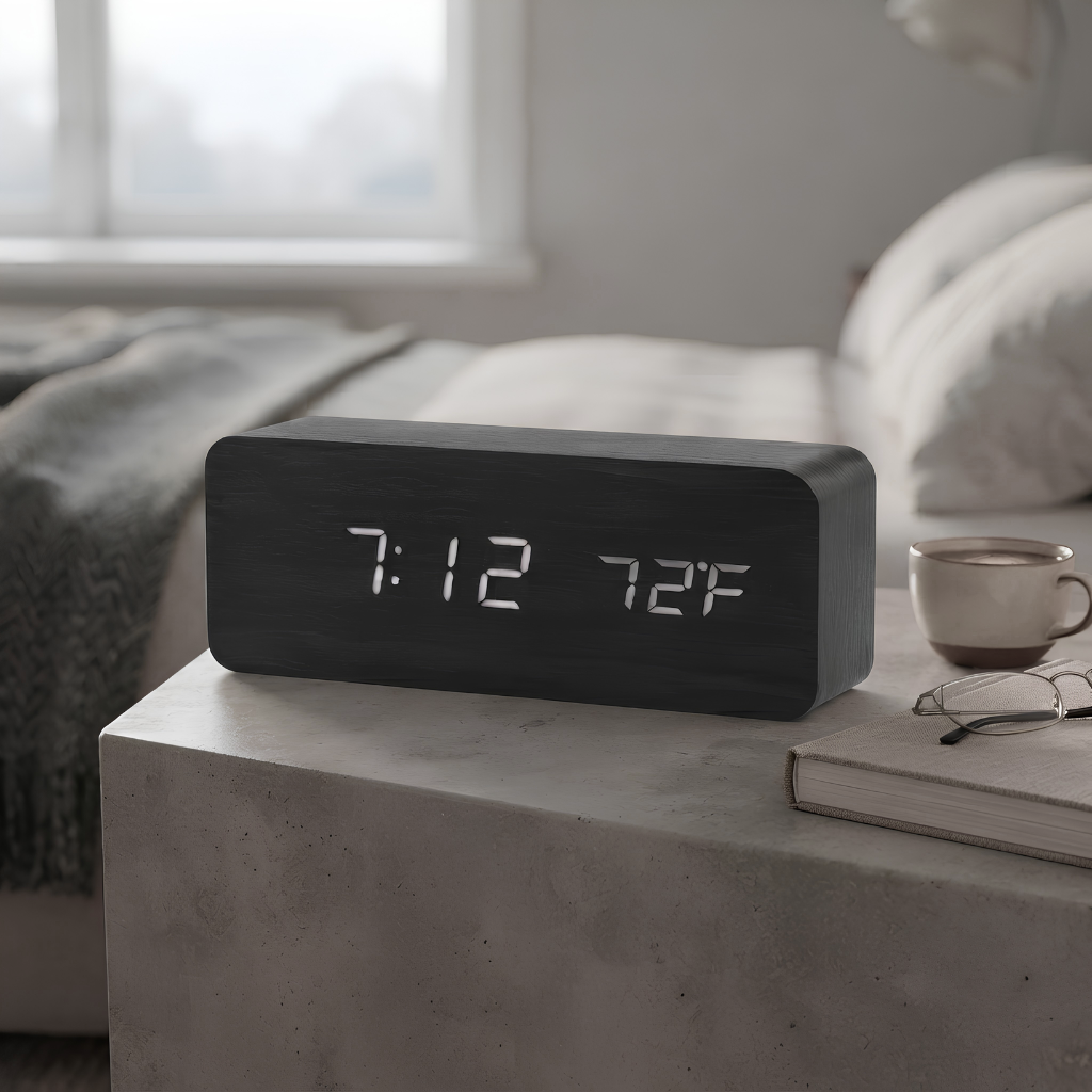 Vintage Wooden LED Alarm Clock — Retro Style with Temperature Display